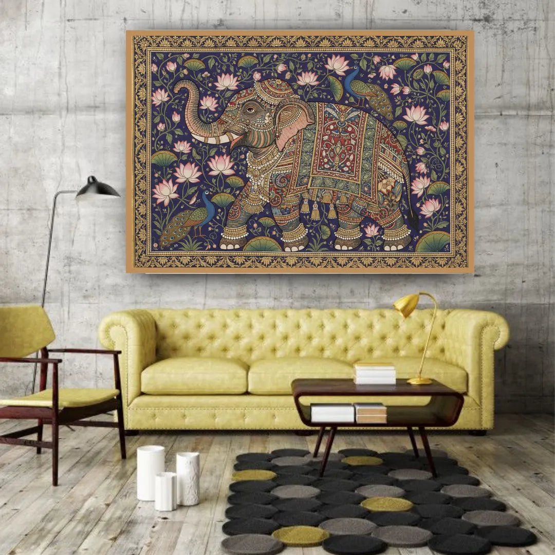 Indian elephant canvas wall art in modern living room interior