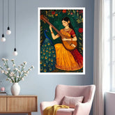 Elegant Indian veena player canvas wall art adding traditional charm to a contemporary home interior.