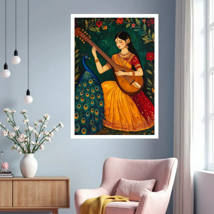 Elegant Indian veena player canvas wall art adding traditional charm to a contemporary home interior.