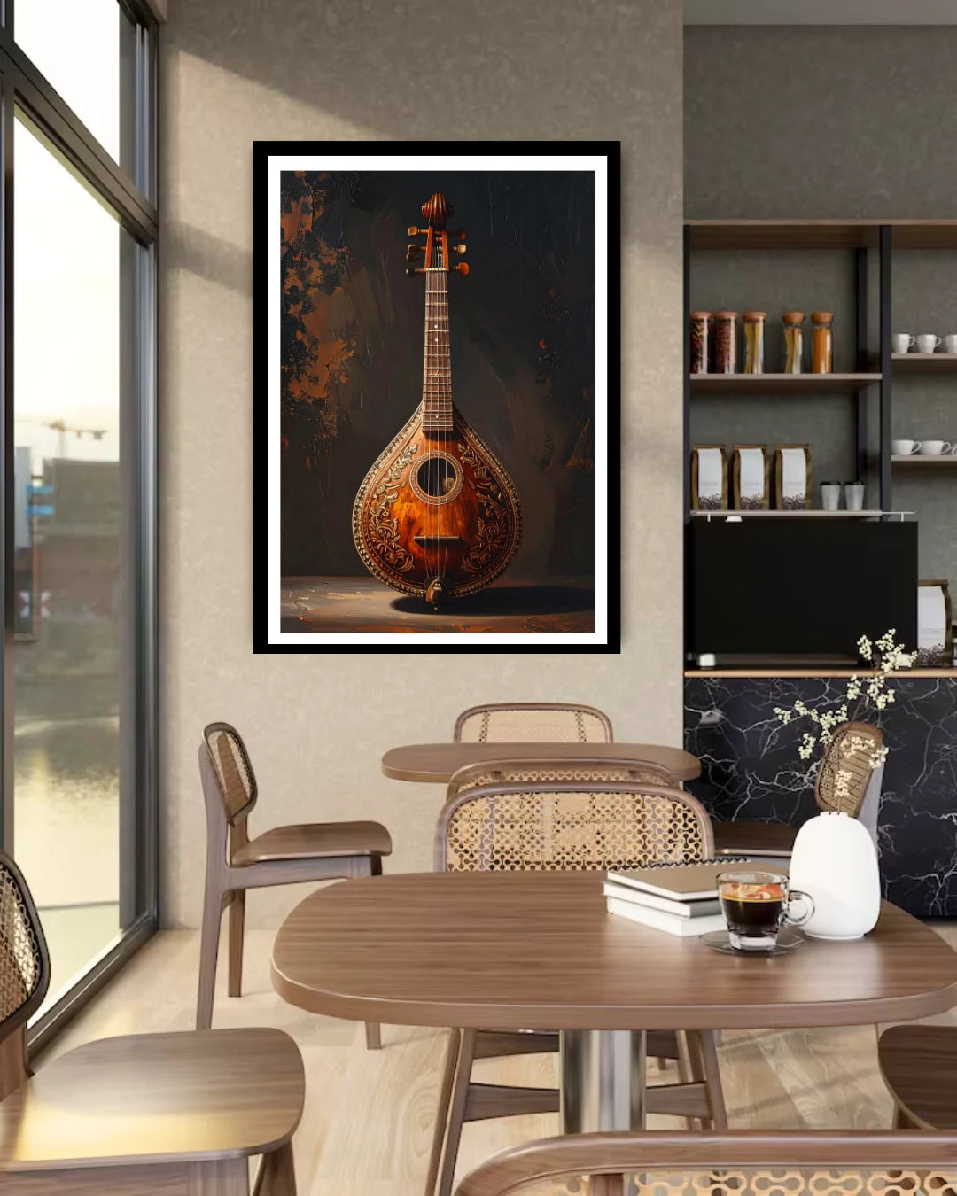 classical instrument wall art canvas in modern studio or workspace