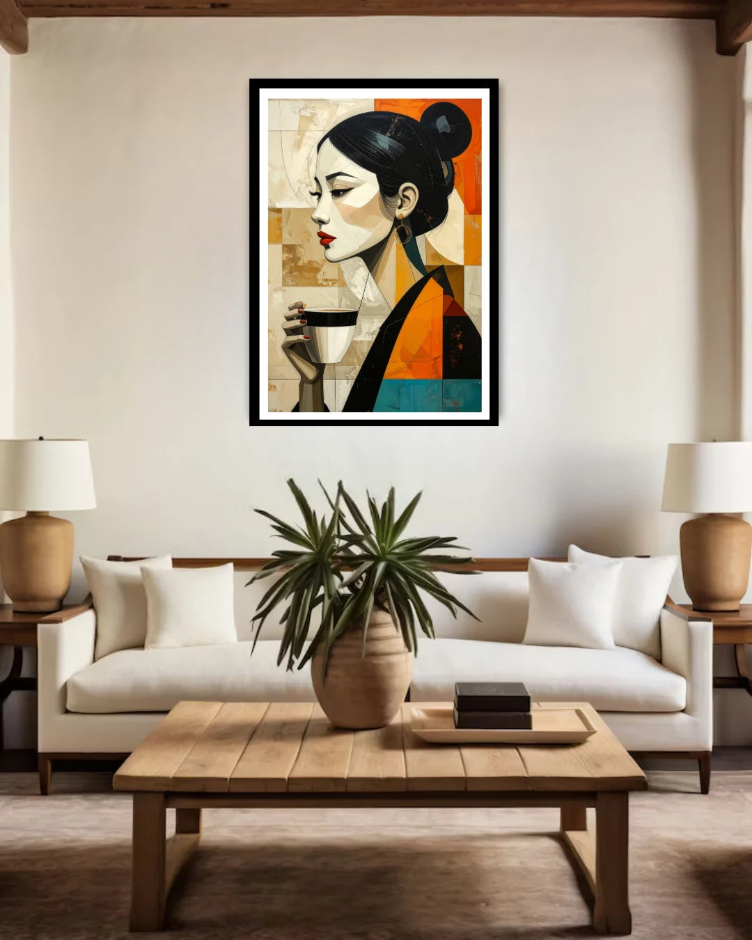 japanese woman wall art canvas in modern living room decor