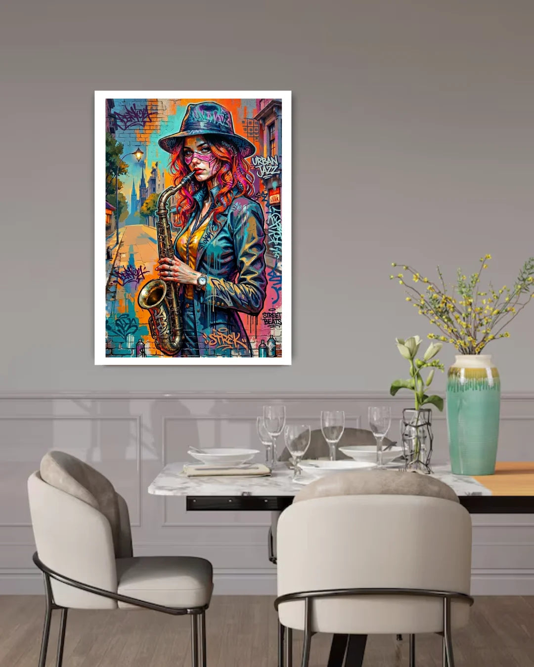 colorful saxophone musician painting displayed in stylish home interior