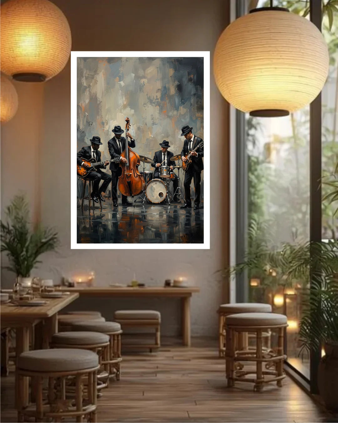 A framed vertical art print depicting a jazz band with an upright bass, drums, and guitars, hanging on a wall in a modern, warmly lit restaurant or cafe interior with wooden stools and hanging paper lanterns.