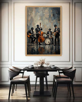 A framed vertical canvas print of a jazz band performing, displayed on a white paneled wall above a dark dining table and chairs.