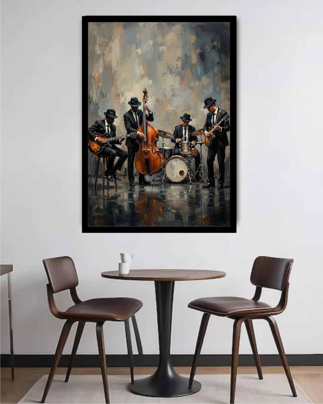 A framed wall art print depicting a jazz band performing, shown hanging on a white wall above a small round table and two chairs in a modern dining or lounge setting.