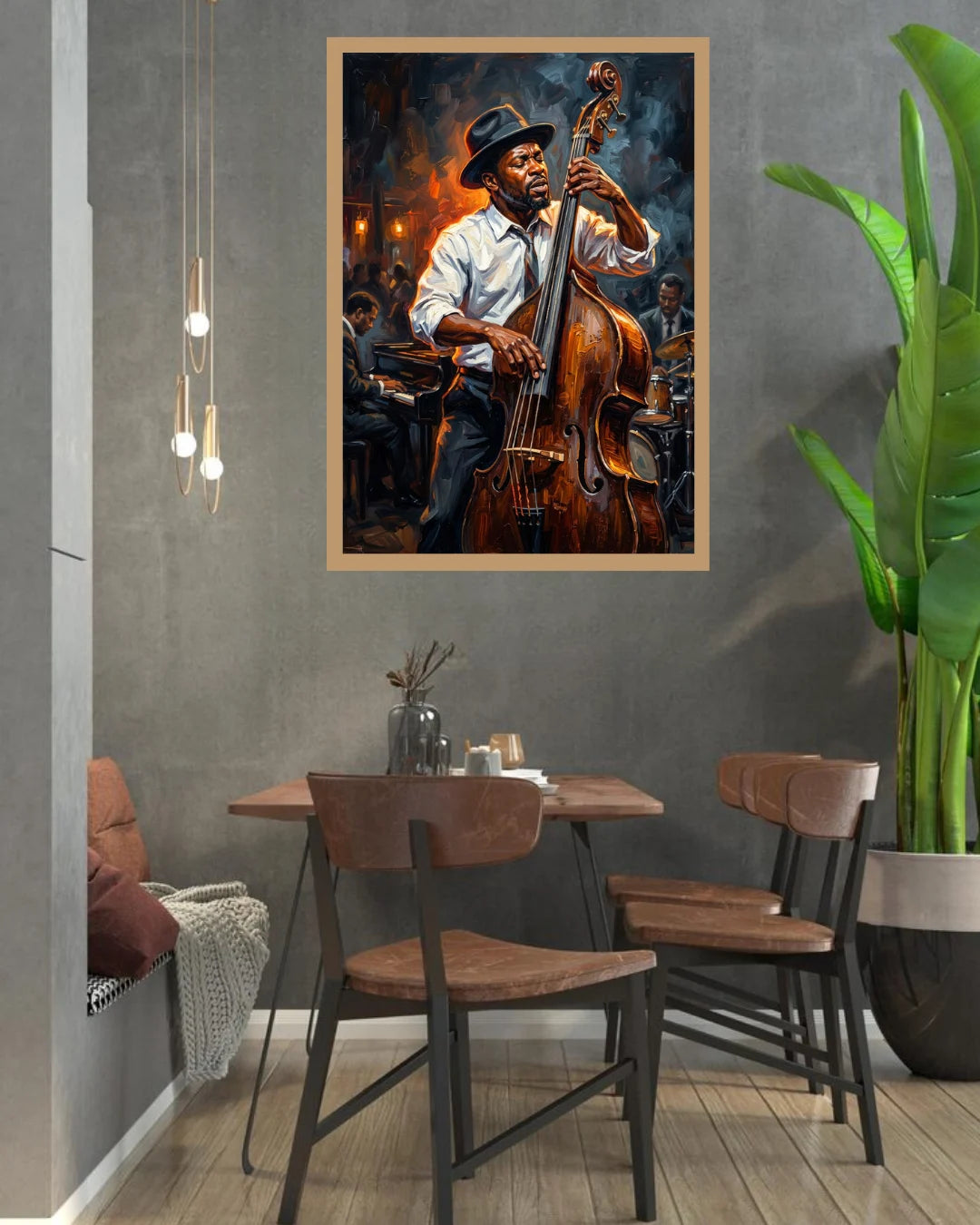 A framed vertical art print of a jazz musician playing an upright bass, displayed on a gray wall above a wooden dining table and chairs in a modern room setting.