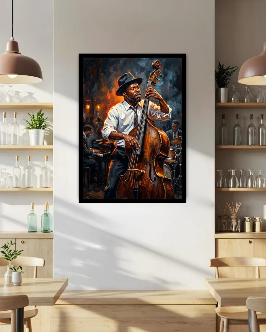 A framed vertical art print depicting a jazz musician playing an upright bass, displayed on a wall in a modern, sunlit dining room with wooden tables, chairs, and shelves.