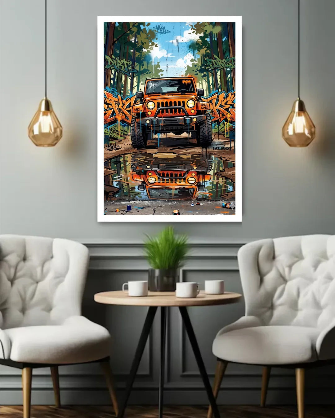 Framed artwork of a Jeep in a forest setting above a table with chairs in a room.