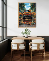 Dining room with a framed artwork of a Jeep on the wall above a table and chairs.