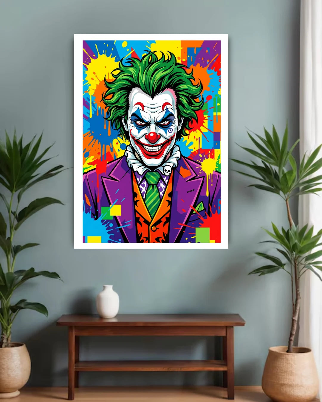 joker graffiti wall art canvas in modern living room interior