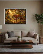 tiger painting in forest displayed in cozy living room interior