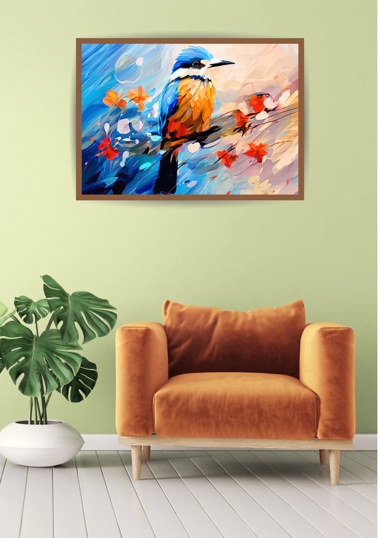 Kingfisher bird wall art canvas painting in modern home interior