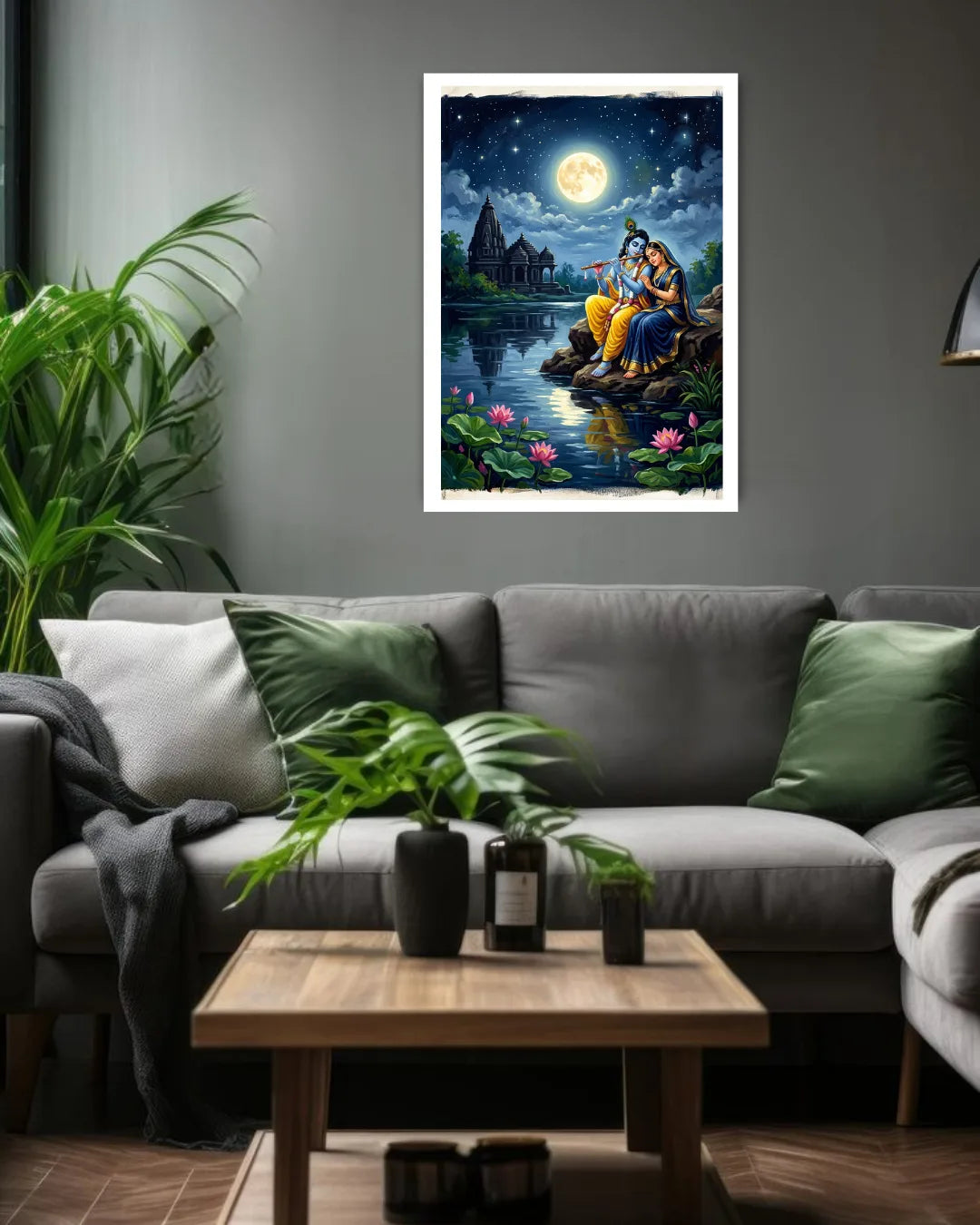 Krishna moonlight wall art canvas displayed in modern living room setup