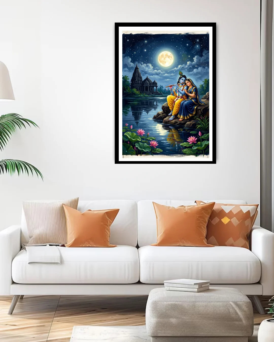 spiritual Krishna night painting displayed above sofa in home interior