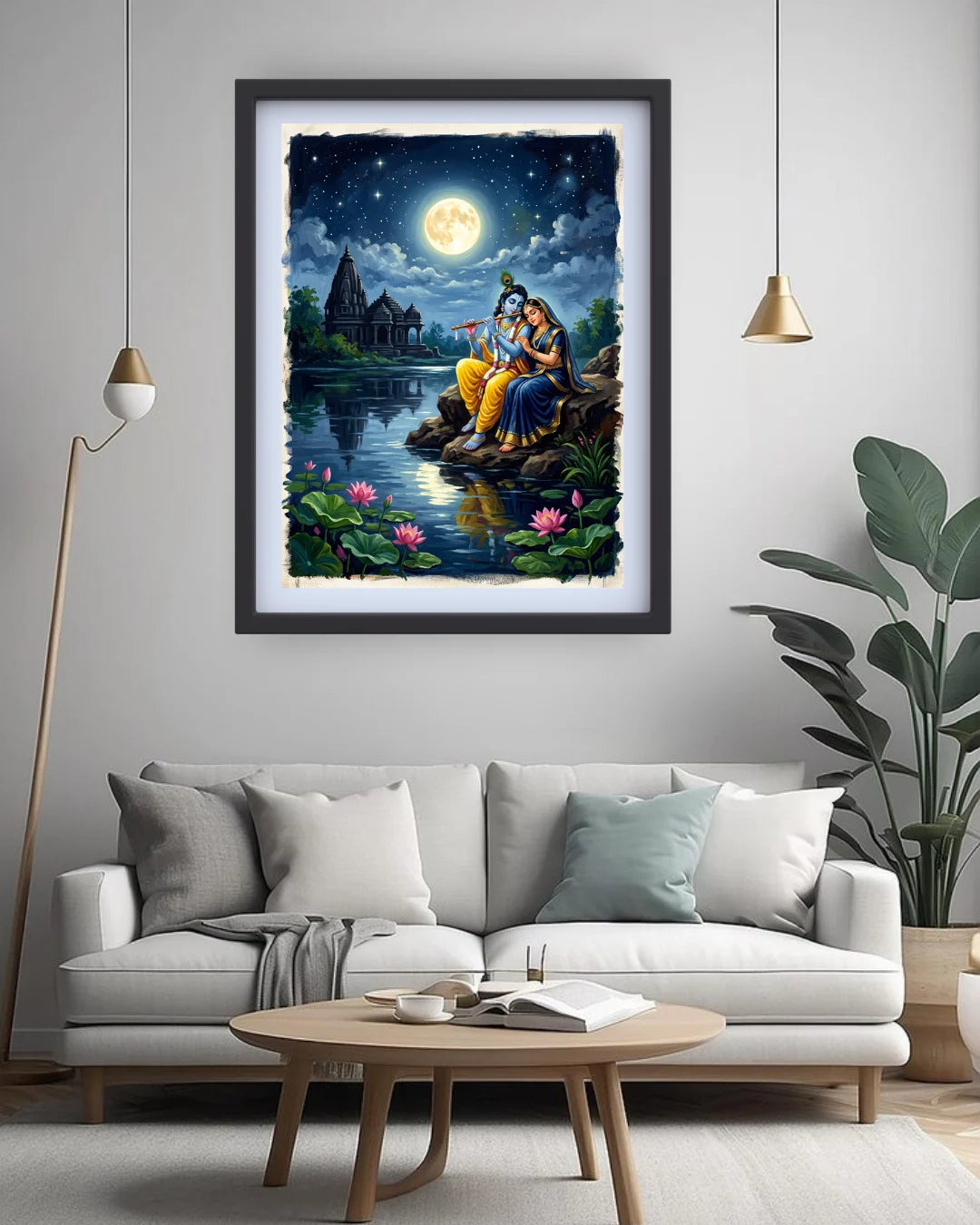 Krishna moonlight painting displayed in cozy living room interior