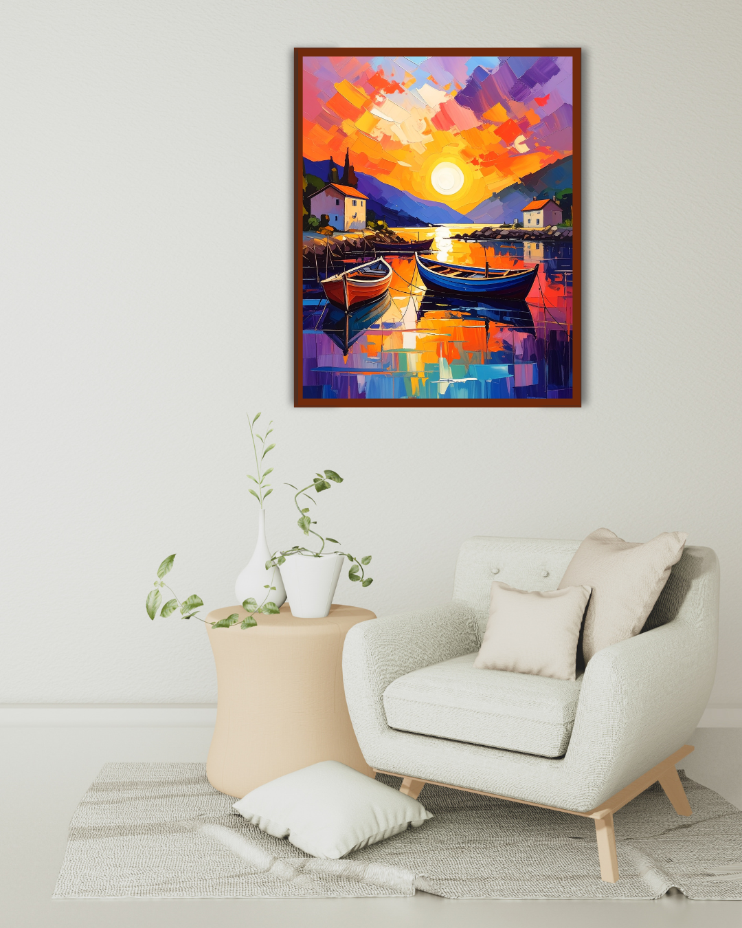 Colorful painting of a sunset over a lake with boats, displayed above a modern armchair in a room.