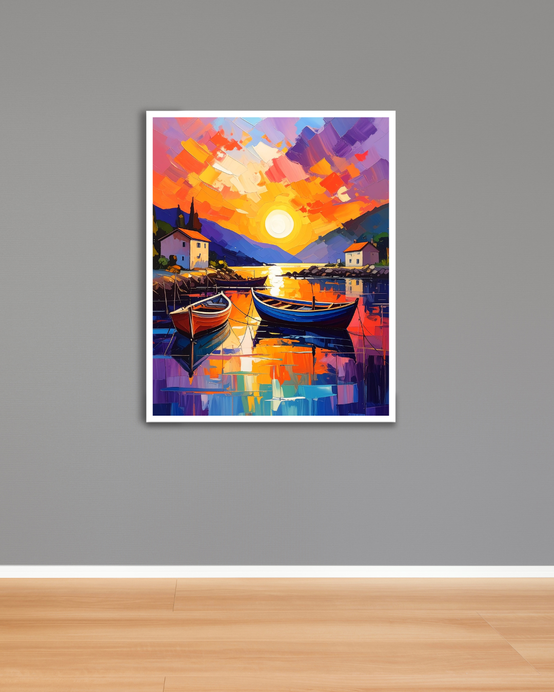 Framed painting of a sunset over a lake with boats on a gray wall.