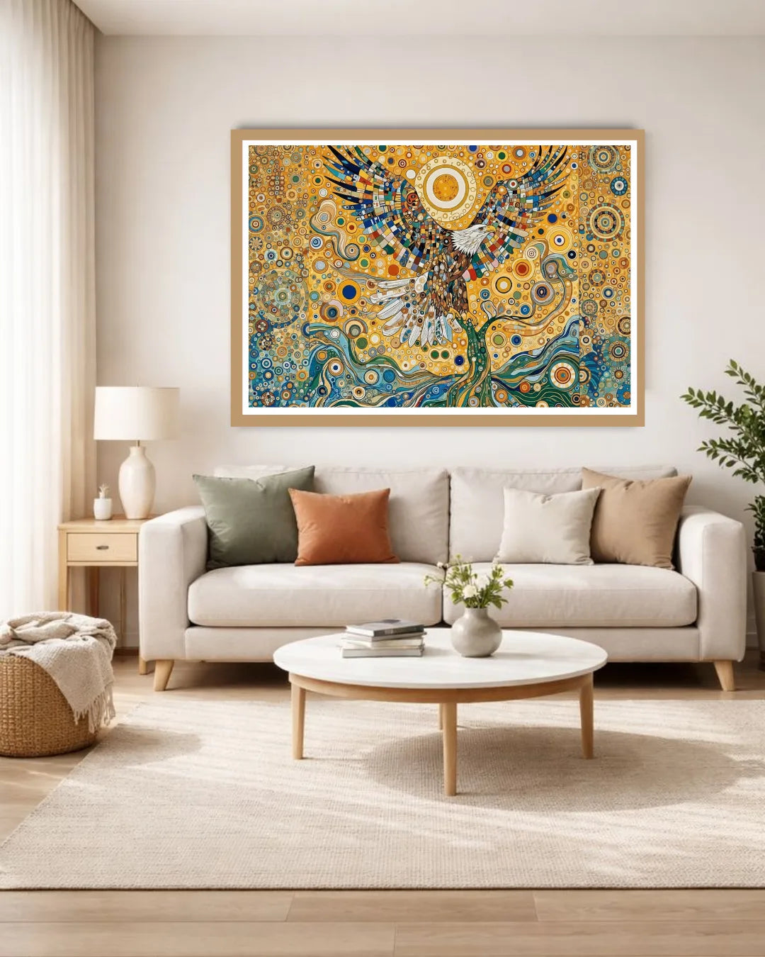 Living room with a large abstract painting on the wall, a beige sofa with colorful cushions, and a round wooden coffee table.