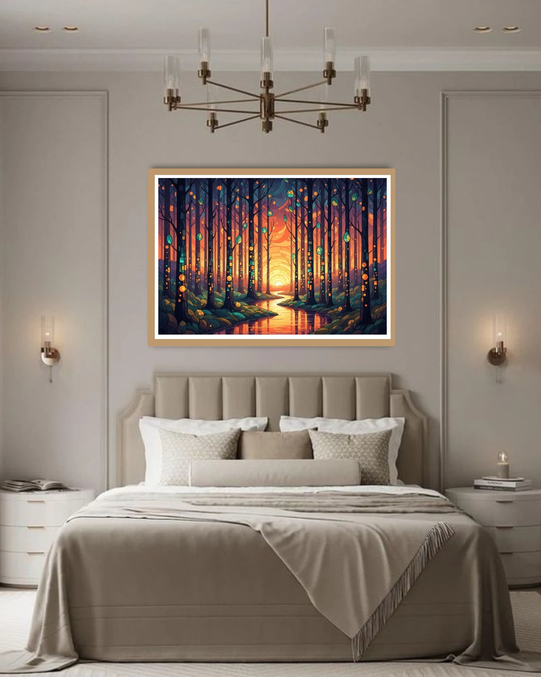 Bedroom with a large painting of a forest sunset above the bed.