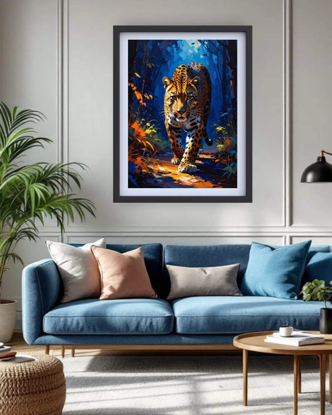 Leopard Canvas Wall Art in Black Frame Displayed Above Blue Sofa in Modern Living Room