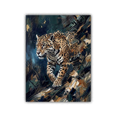 A vertical canvas wall art print featuring a detailed painting of a leopard walking through dark, textured foliage. The artwork is presented as a mockup on a clean white background.