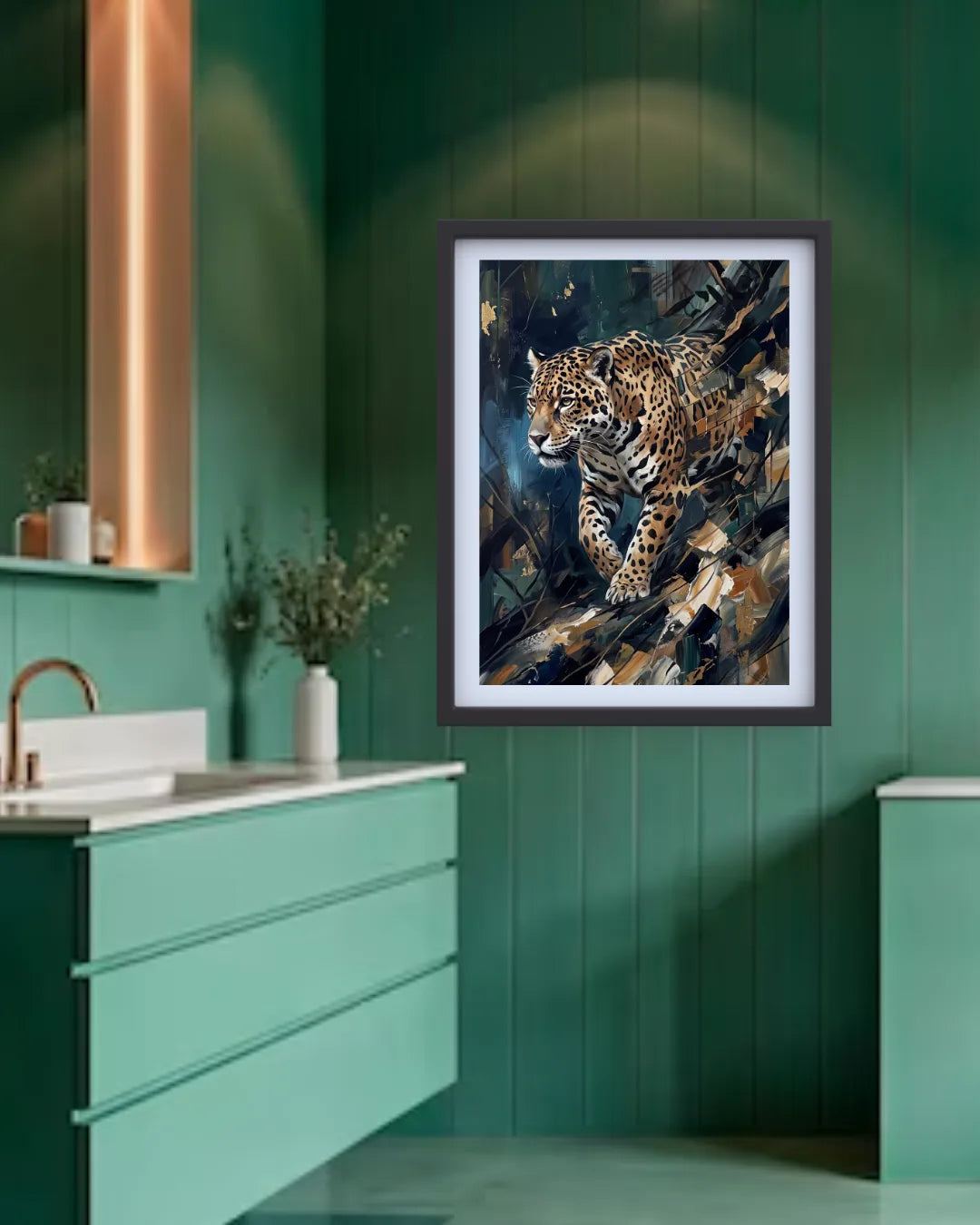 A framed wall art print of a leopard in a dark forest scene, displayed on a green wood-paneled wall in a modern bathroom setting.