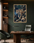 A framed vertical art print of a leopard in a dark, painterly style, displayed on a dark green wall above a wooden desk in a modern office setting.