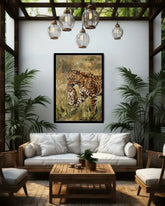 Living room with a white sofa, wooden coffee table, and a framed animal painting on the wall.