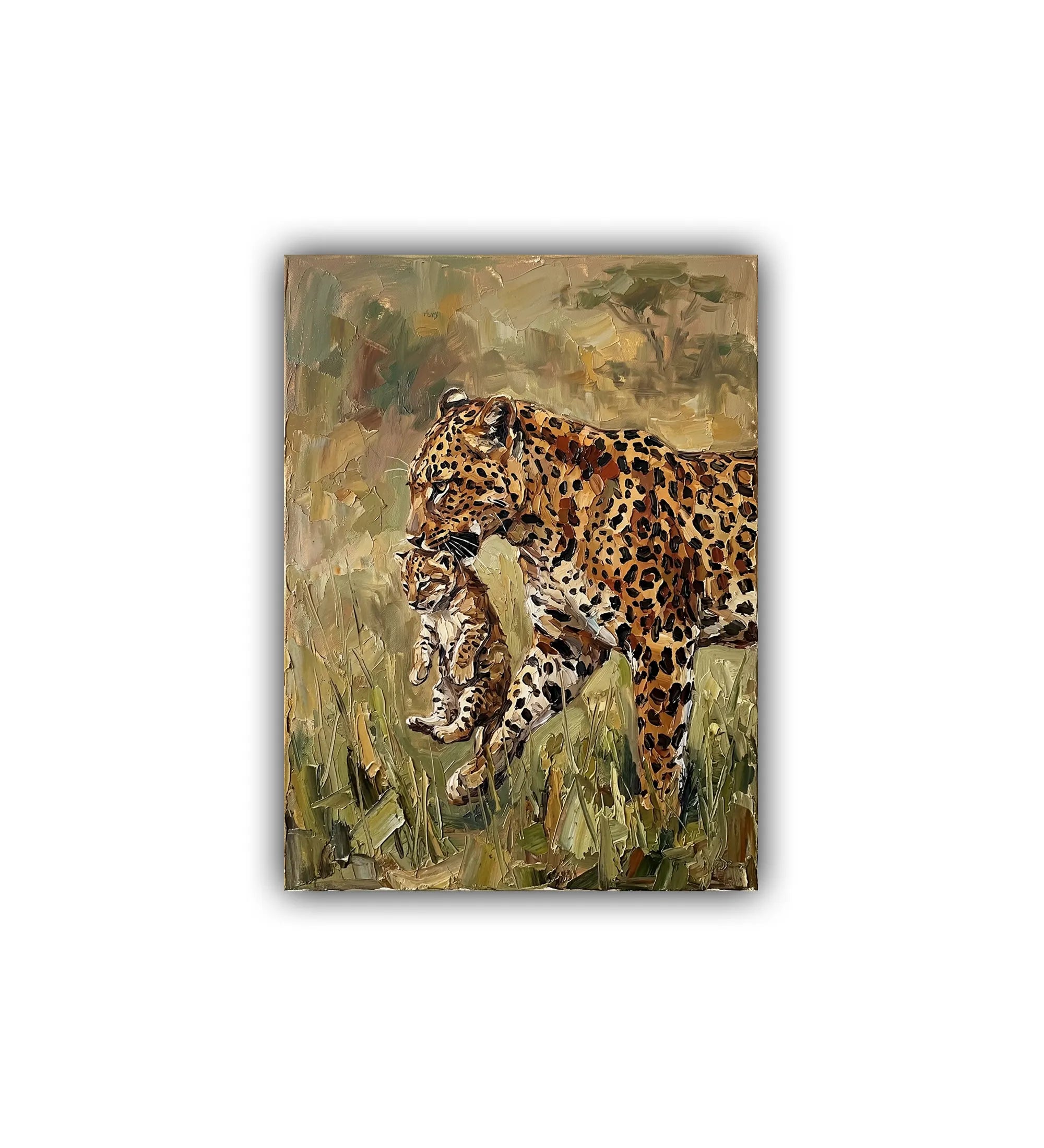 Oil painting of a leopard and cub in a natural setting