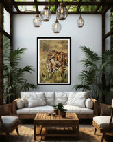 Living room with a white sofa, wooden coffee table, and a painting of leopards on the wall.