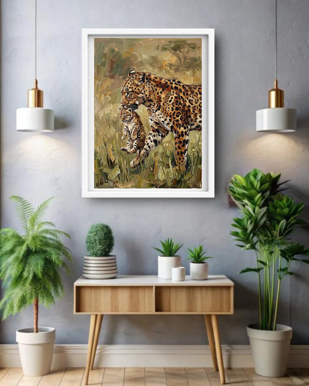 Room interior with a painting of a leopard and cub, a wooden console table, and potted plants.