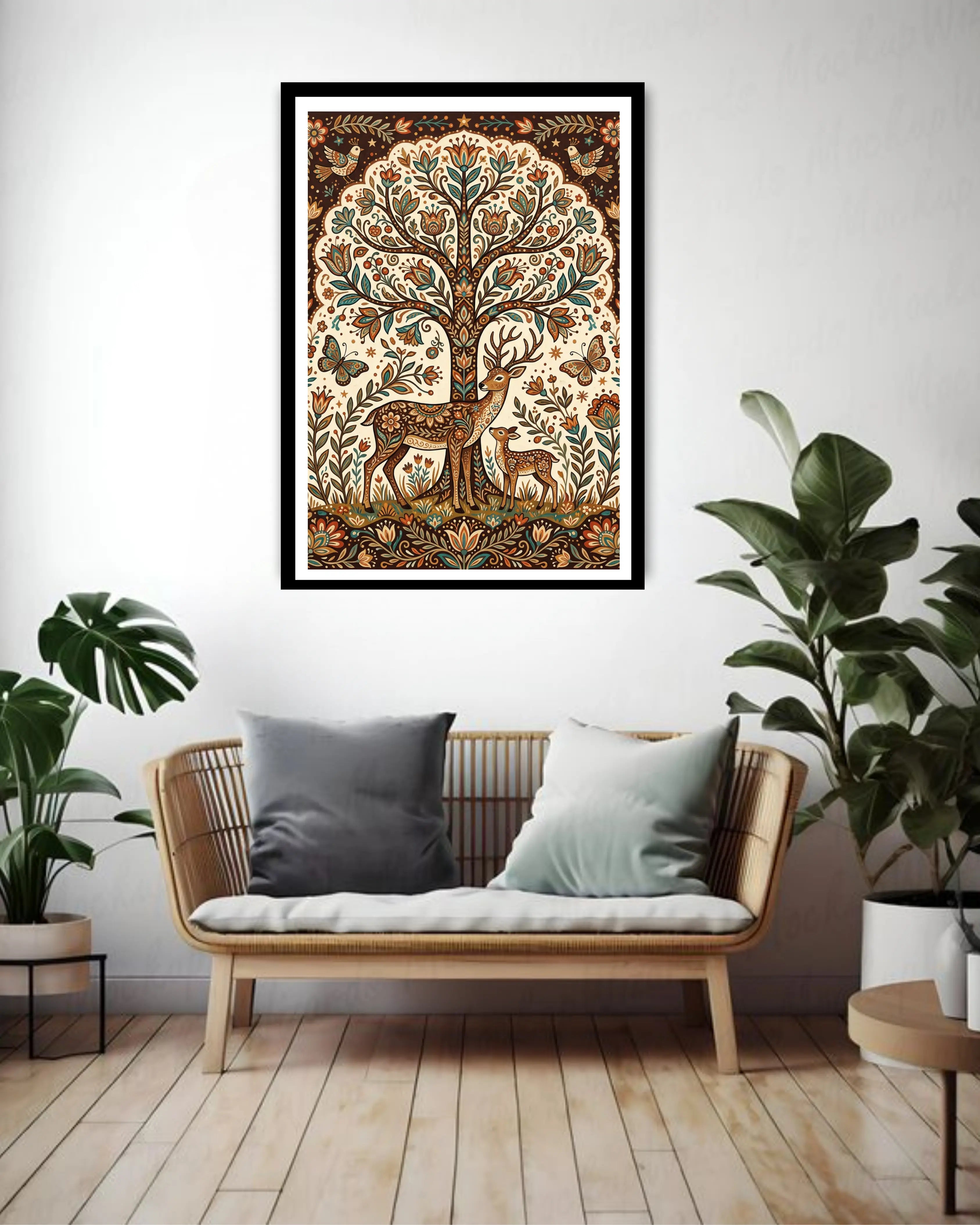 tree of life and deer wall art displayed above sofa in modern living room