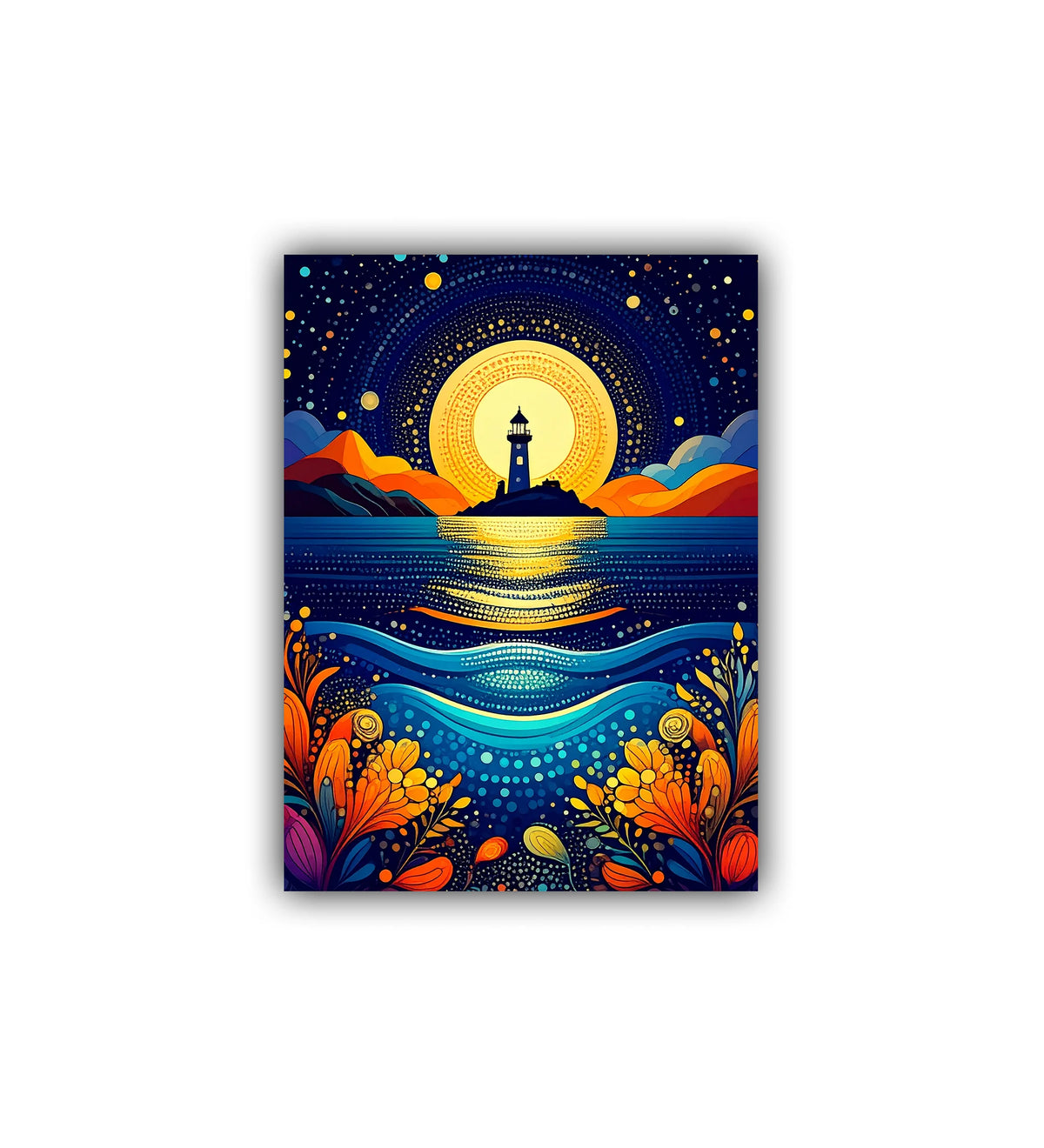 Colorful artwork of a lighthouse on an island with a starry night sky.