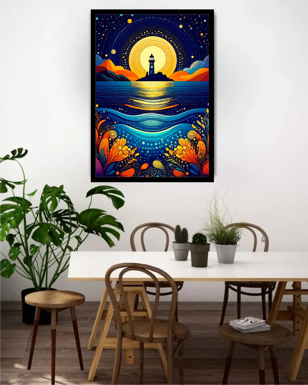 A colorful framed wall art print depicting a stylized lighthouse at sunset over water, displayed above a dining table with chairs and plants in a modern room setting.