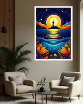 A framed vertical art print featuring a colorful lighthouse and ocean scene, displayed on a beige wall in a modern living room setting with two armchairs and a coffee table.