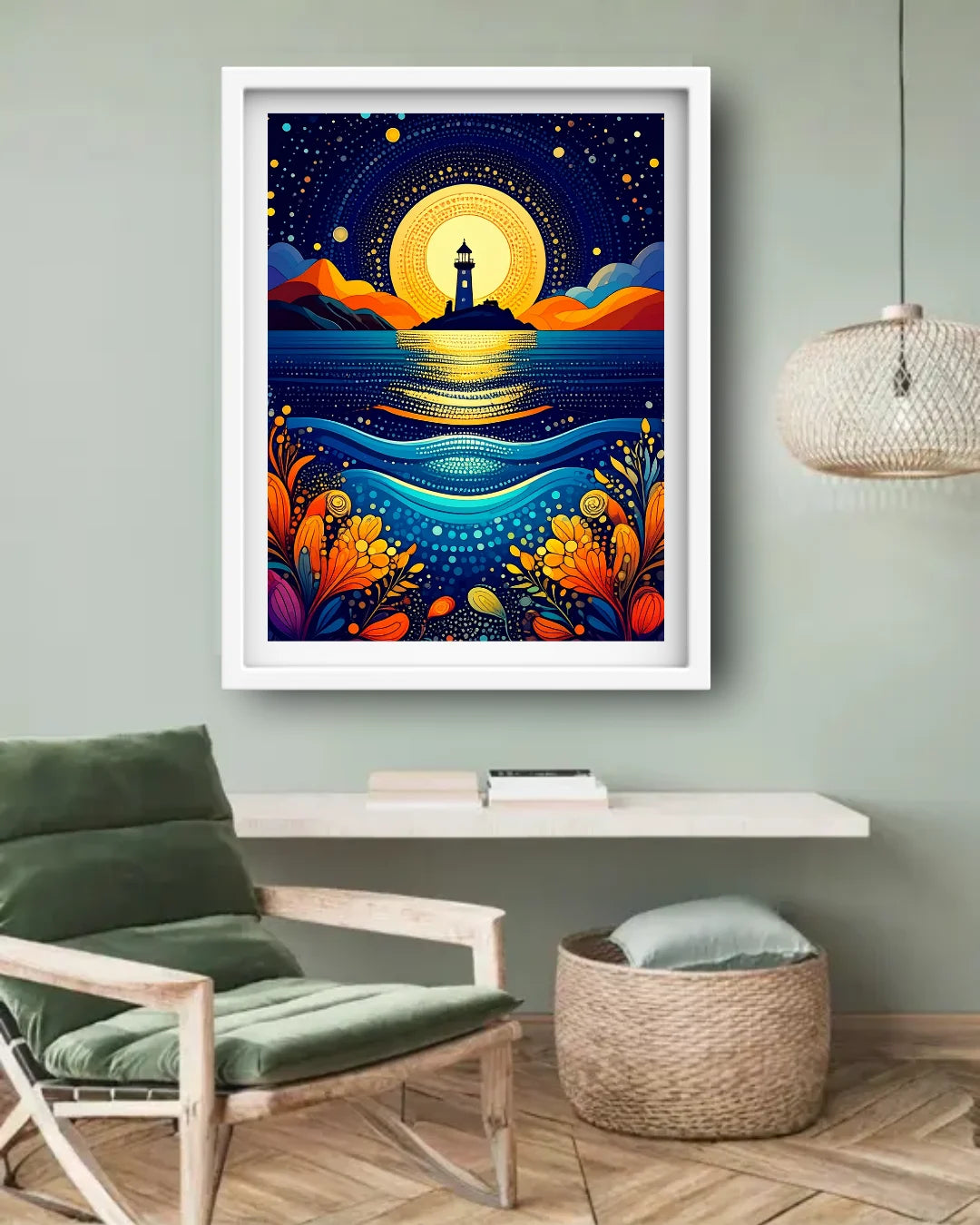 A framed art print featuring a vibrant, stylized night ocean scene with a lighthouse, glowing sun, and colorful marine life, displayed on a sage green wall in a modern living room setting.