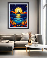 Framed artwork of a lighthouse at night on a wall above a sofa in a living room.