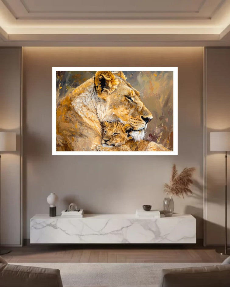 Framed lion canvas painting above the bed in a luxurious modern bedroom.