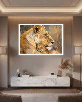 Framed lion canvas painting above the bed in a luxurious modern bedroom.