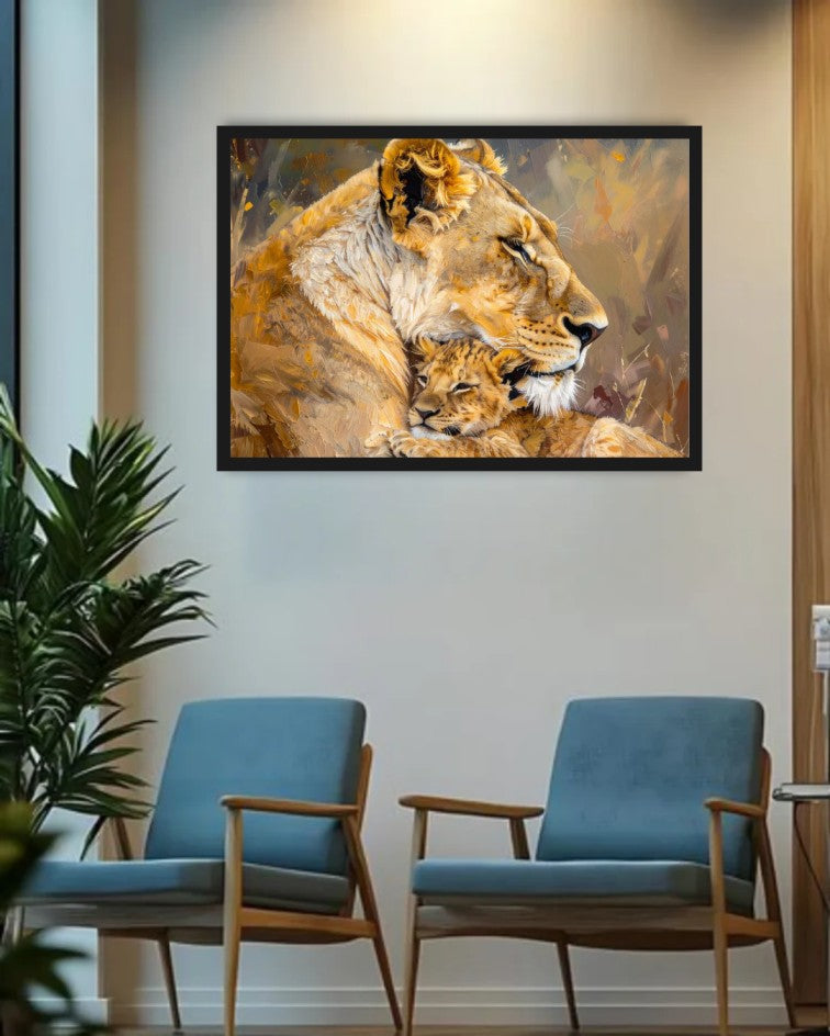 Lion wall art displayed in a stylish waiting area with blue chairs and indoor plants.