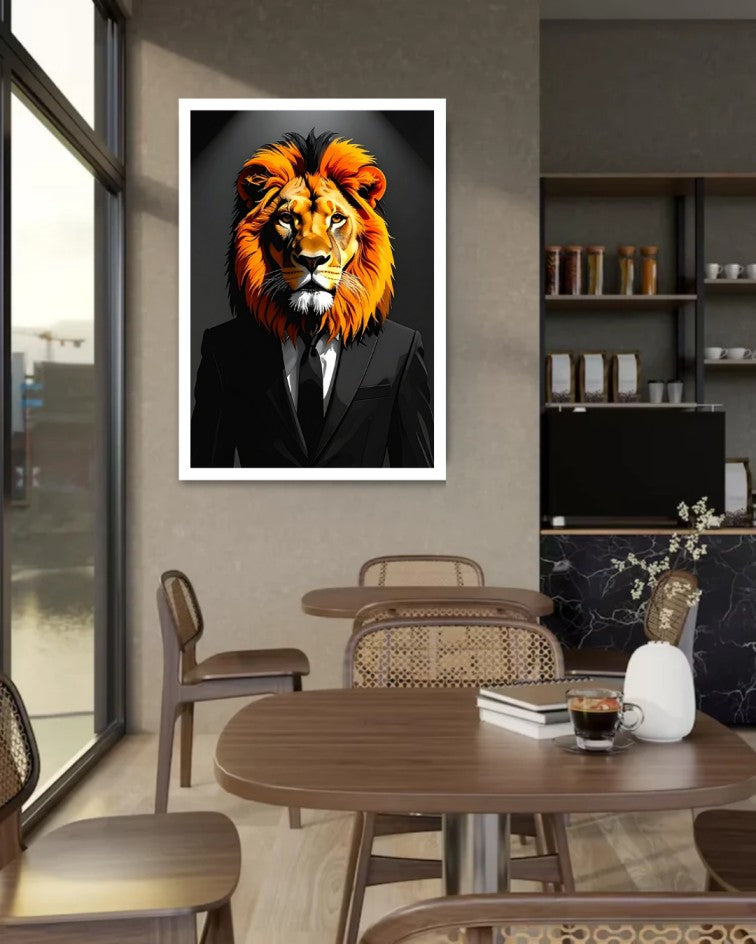 Premium lion portrait wall art displayed above a dining table in a sophisticated contemporary interior