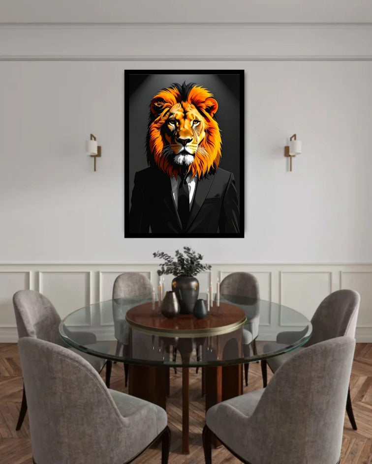 Modern lion portrait canvas wall art displayed in an elegant dining room with contemporary décor.
