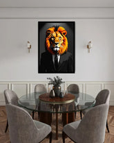 Modern lion portrait canvas wall art displayed in an elegant dining room with contemporary décor.