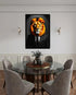Modern lion portrait canvas wall art displayed in an elegant dining room with contemporary décor.