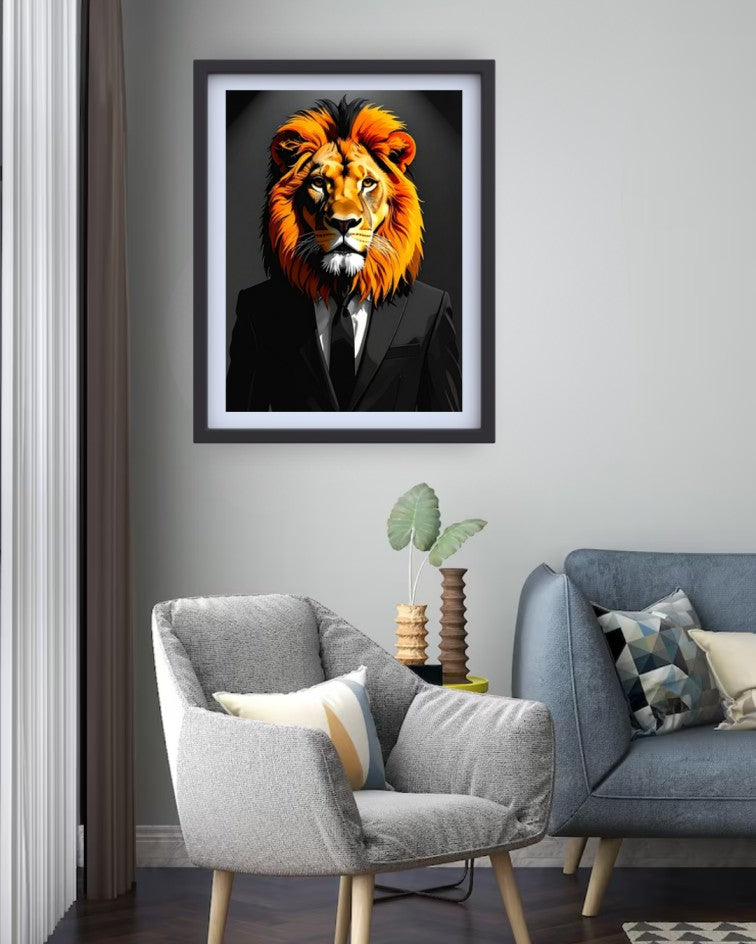Elegant lion portrait canvas artwork enhancing a minimalist living room with neutral décor.