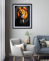 Elegant lion portrait canvas artwork enhancing a minimalist living room with neutral décor.