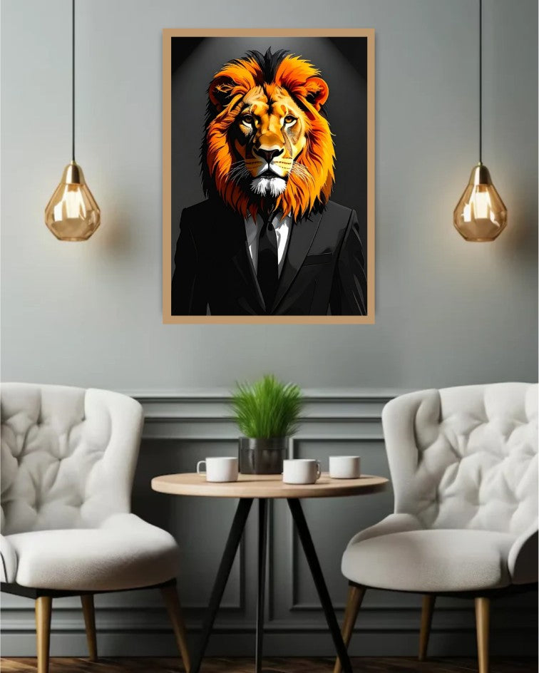 Framed lion portrait canvas painting showcased in a stylish modern living room with elegant seating.