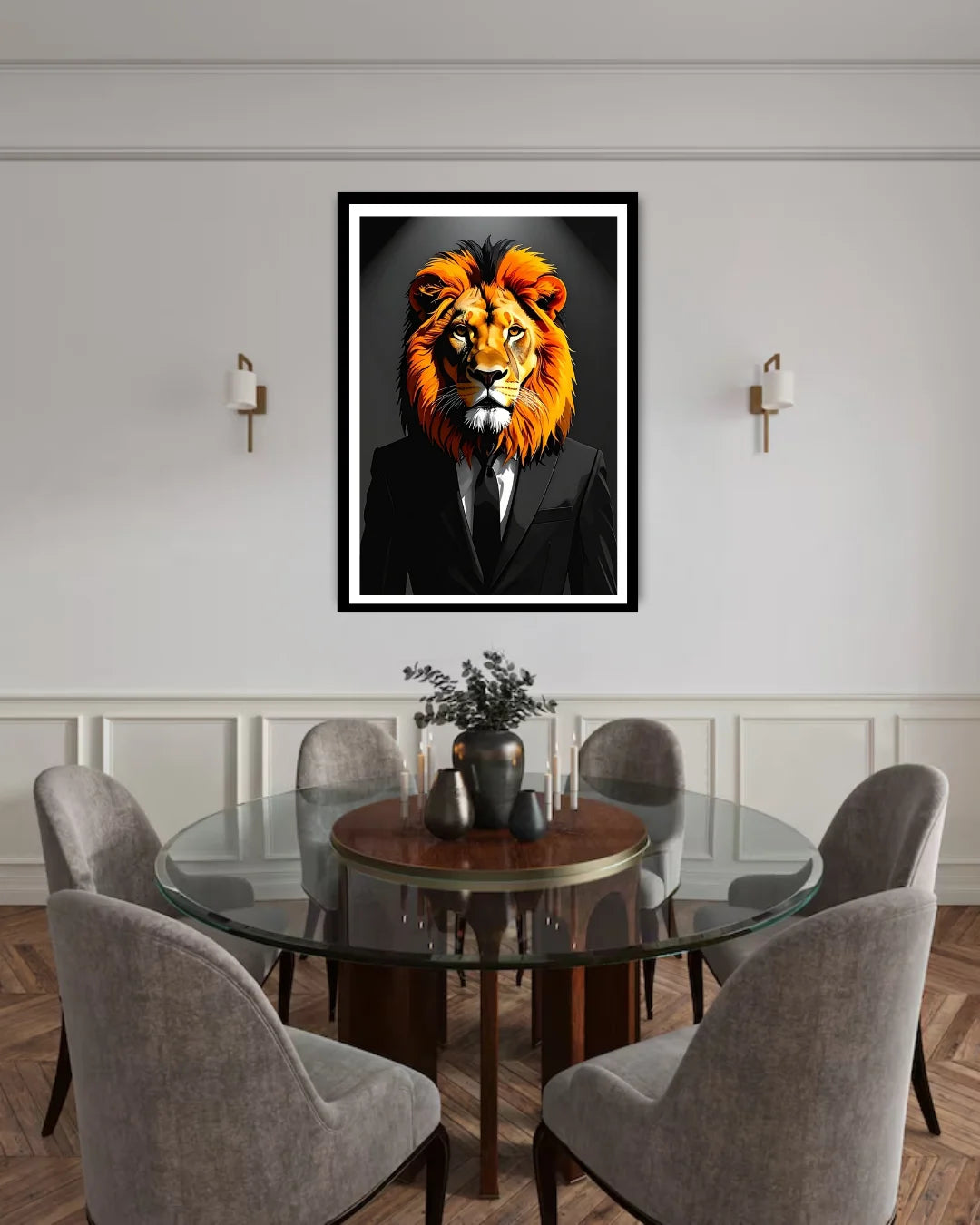 lion wall art canvas in modern dining room decor