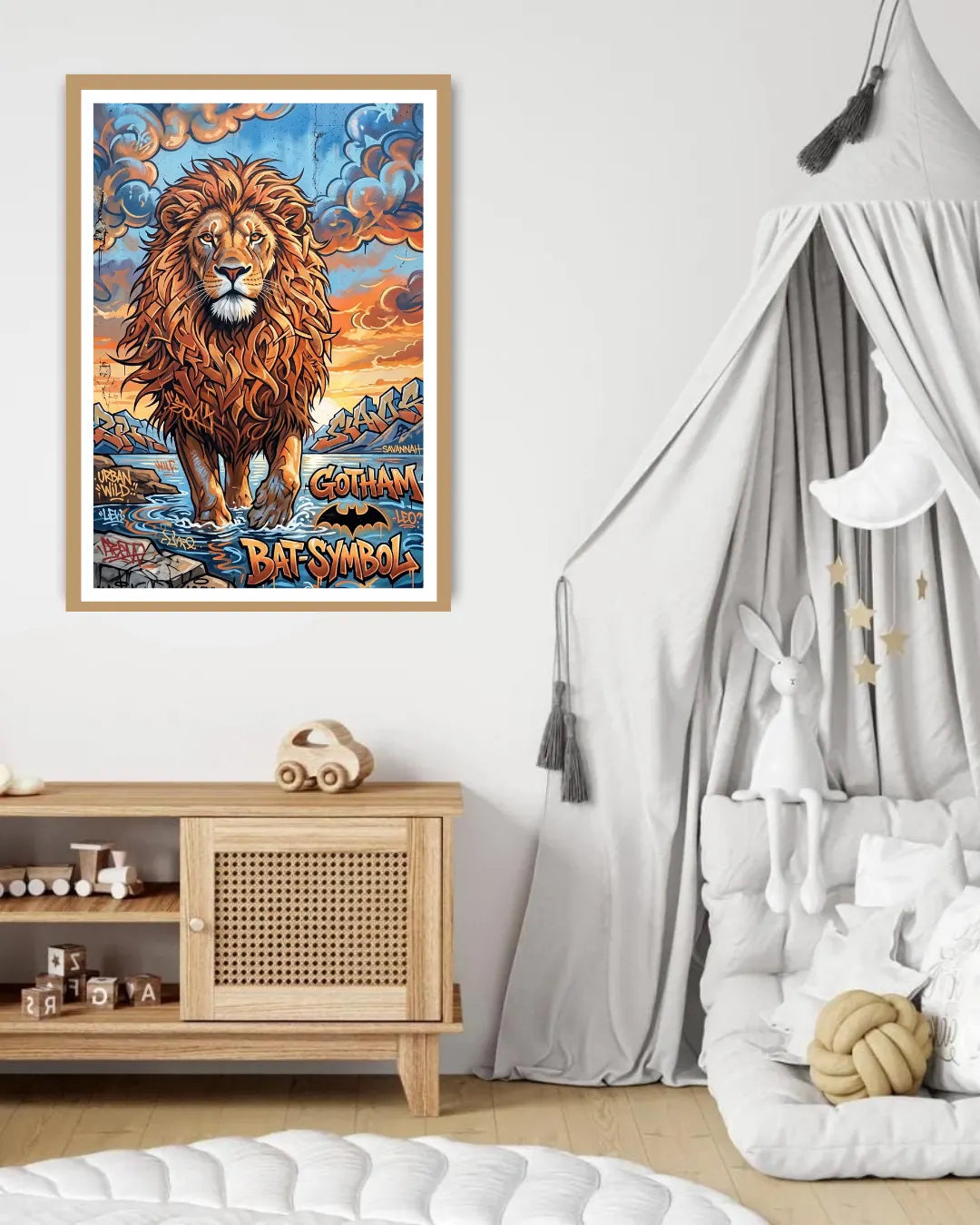colorful lion wall art canvas in kids nursery interior
