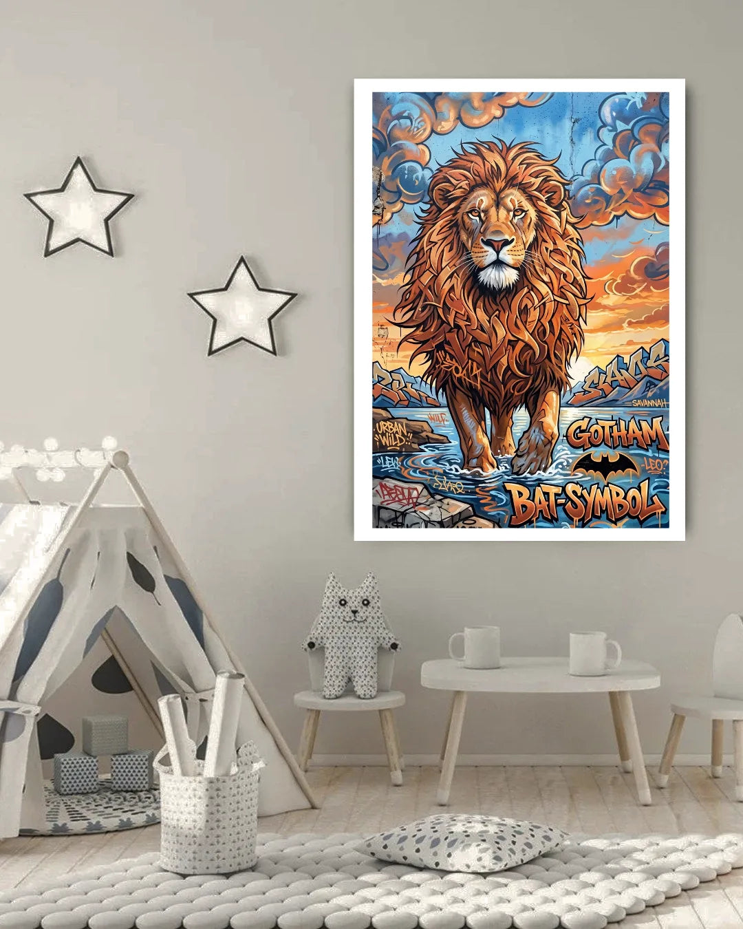 Colorful lion artwork on a wall in a child&
